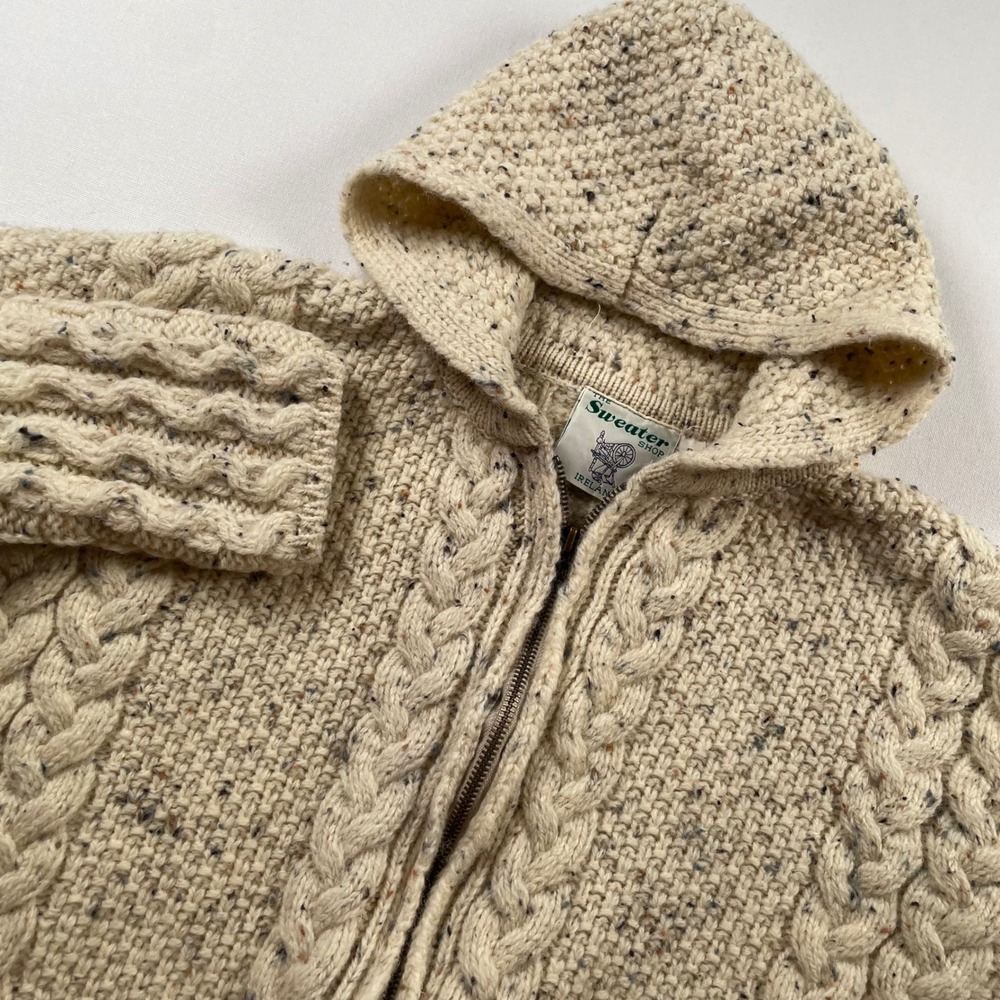 The Sweater Shop Ireland Wool Cable Knit Hooded Zip Cardigan Cream Donegal Small